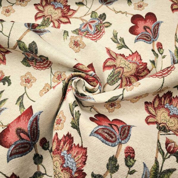 Tessuto per arredo Gobelin a fantasia motivo floreale beige - verde - rosso