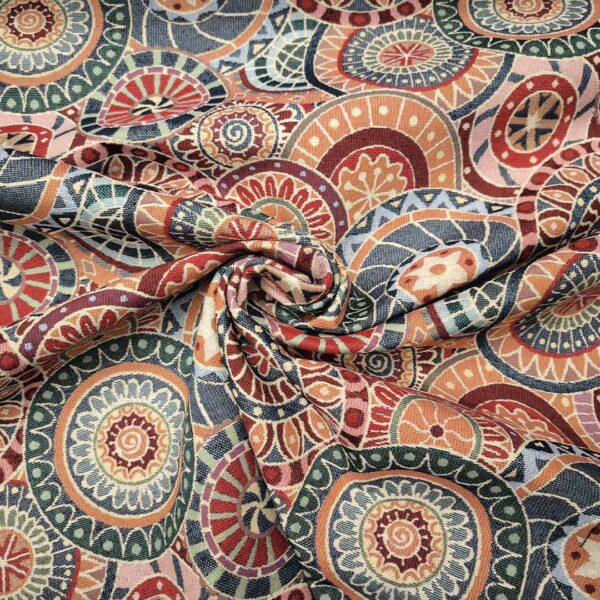 Tessuto per arredo Gobelin a fantasia motivo etinico celeste - ruggine - rosso - verde