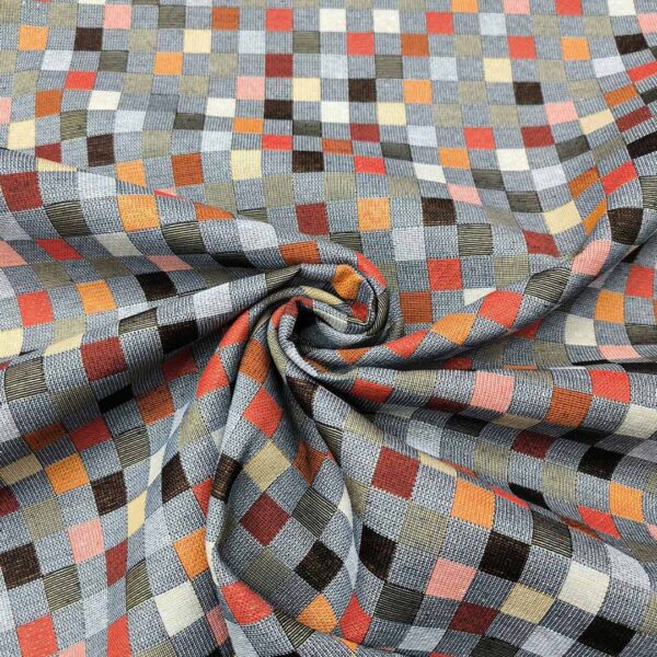 Tessuto per arredo Gobelin a fantasia motivo geometrico grigio - arancione - tiffany