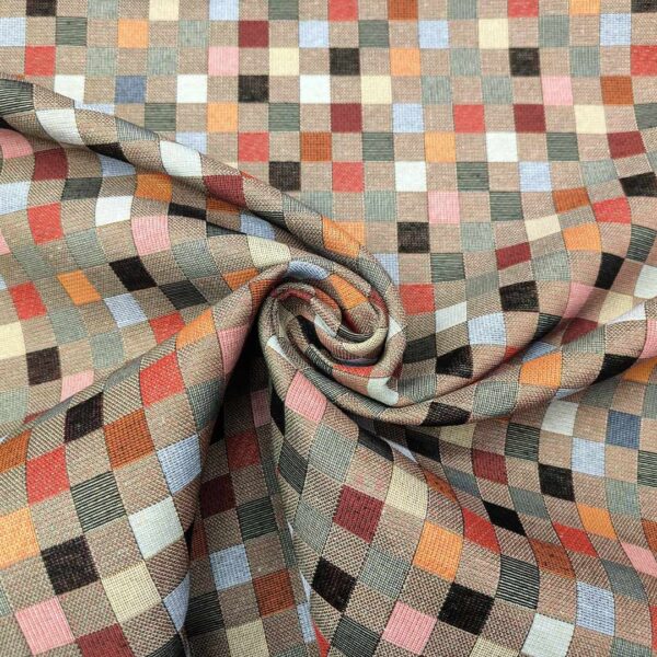 Tessuto per arredo Gobelin a fantasia motivo geometrico tortora - arancione - tiffany