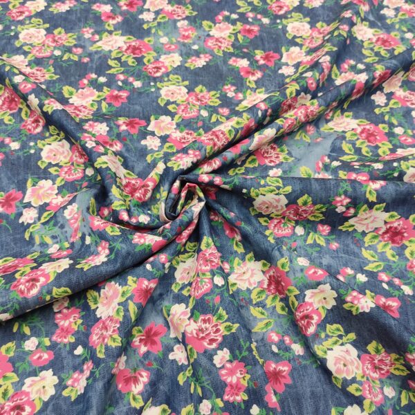 Tessuto Jeans Chambray a fantasia motivo floreale blu - fucsia - verde
