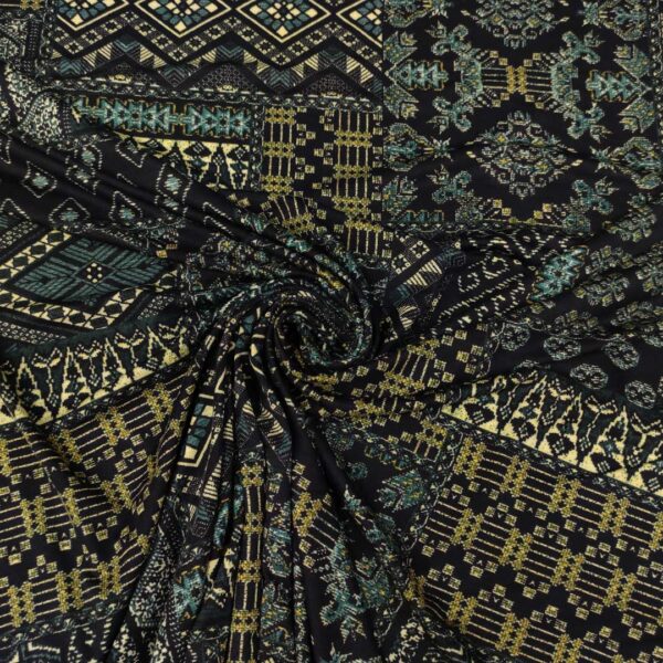 Tessuto jersey peso autunnale a fantasia motivo astratto blu notte - giallo