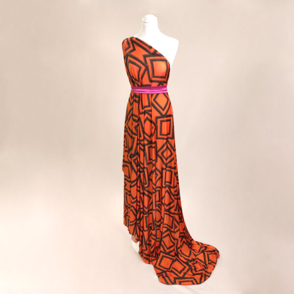 Tessuto jersey a fantasia motivo geometrico arancione - marrone