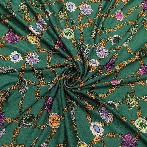 Tessuto Jersey di viscosa a fantasia motivo astratto verde bottiglia - oro - viola