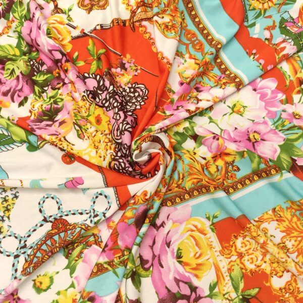 Tessuto Jersey a fantasia motivo astratto arancione - tiffany - giallo - rosa