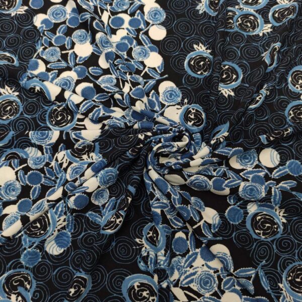 Tessuto Jersey peso autunnale a fantasia motivo astratto blu notte - carta da zucchero - panna