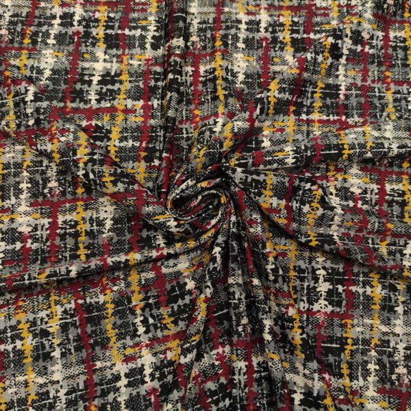 Tessuto Jersey a fantasia motivo astratto bordeaux - ocra - nero - grigio