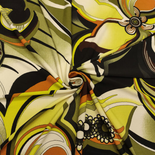 Tessuto Jersey a fantasia motivo astratto verde militare - coccio - nero - bianco