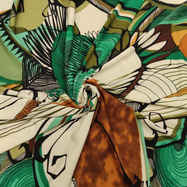 Tessuto Jersey a fantasia motivo astartto verde smeraldo - panna - ruggine - nero