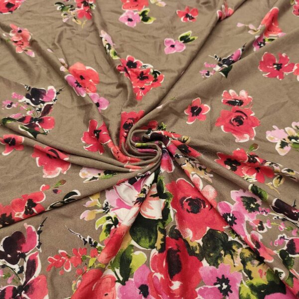 Tessuto Jersey a fantasia motivo floreale beige - rosso - rosa