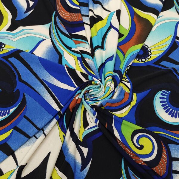 Tessuto Jersey a fantasia motivo floreale blu elettrico - turchese - verde acido - nero