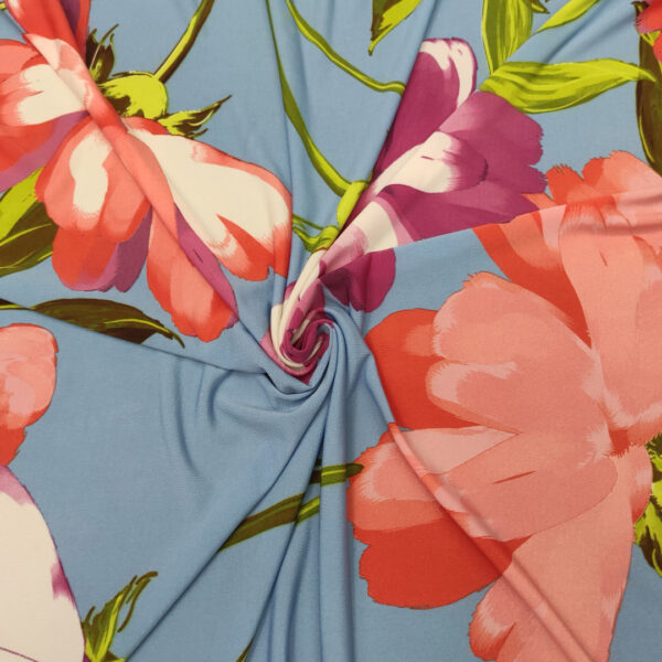 Tessuto Jersey a fantasia motivo floreale carta da zucchero - corallo - verde - geranio