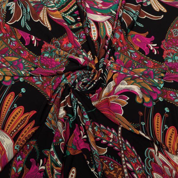 Tessuto Jersey a fantasia motivo floreale cashmere nero - fucsia - tiffany - bianco