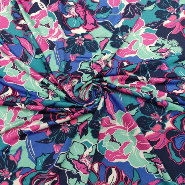 Tessuto Jersey a fantasia motivo floreale fucsia - petrolio - blu navy - tiffany