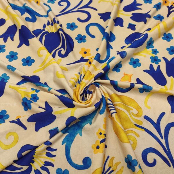 Tessuto Jersey a fantasia motivo floreale blu elettrico - giallo - beige