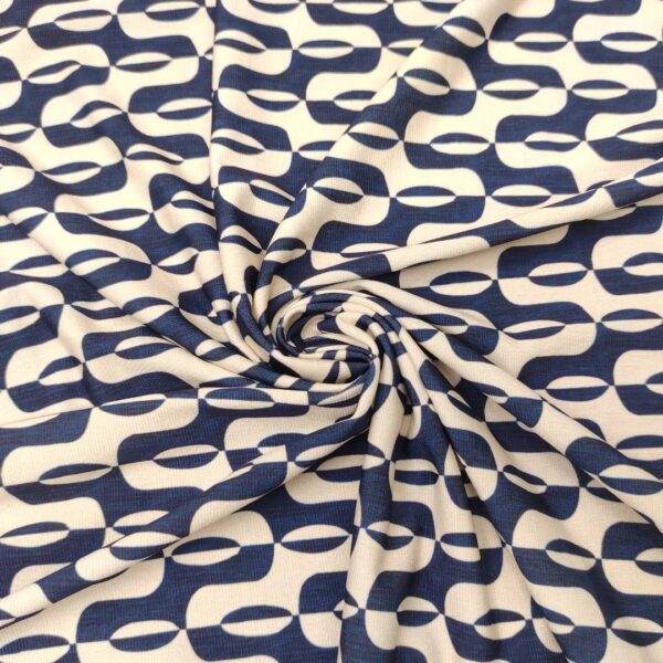 Tessuto Jersey a fantasia motivo geometrico blu - panna