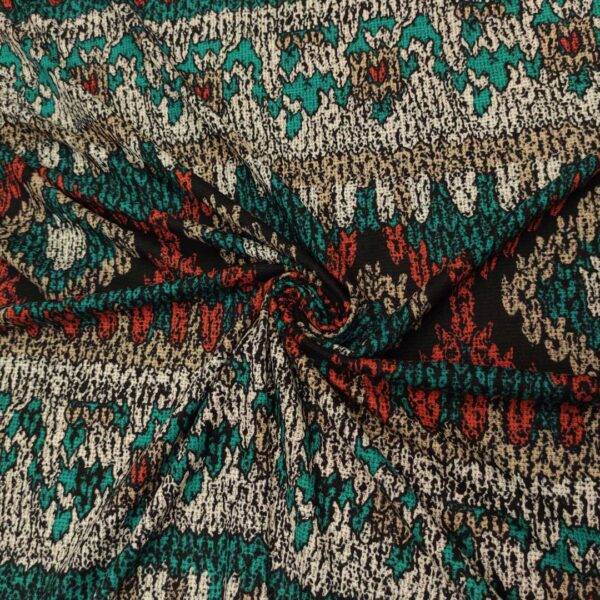 Tessuto Jersey peso autunnale a fantasia motivo astratto verde petrolio - arancio