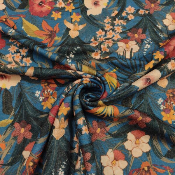 Tessuto Maglia Mano Lana a fantasia motivo floreale blu navy - rosso - beige