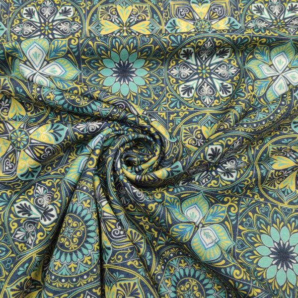 Tessuto Maglia Mano Lana a fantasia motivo geometrico giallo - blu navy