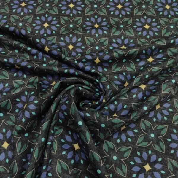 Tessuto Maglia Mano Lana a fantasia motivo geometrico nero - viola - verde petrolio