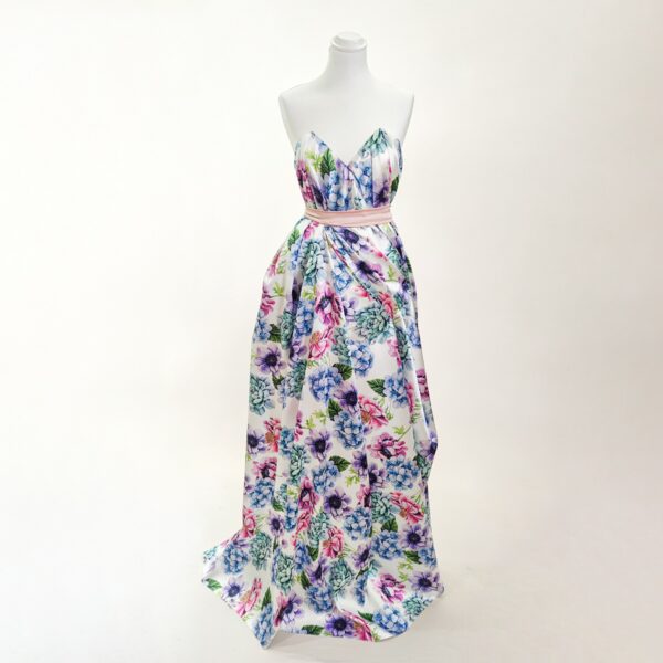 Tessuto Mikado a fantasia motivo floreale bianco - lilla - rosa - tiffany