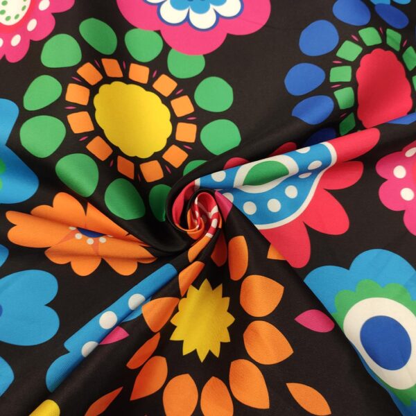 Tessuto Mikado a fantasia motivo floreale fucsia - nero - giallo - turchese - verde