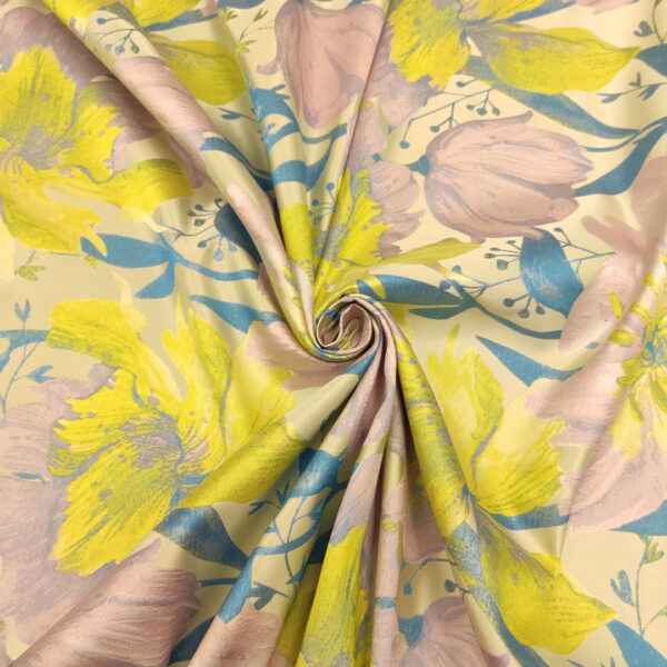 Tessuto Mikado jacquard a fantasia motivo floreale lilla - lime - giallino