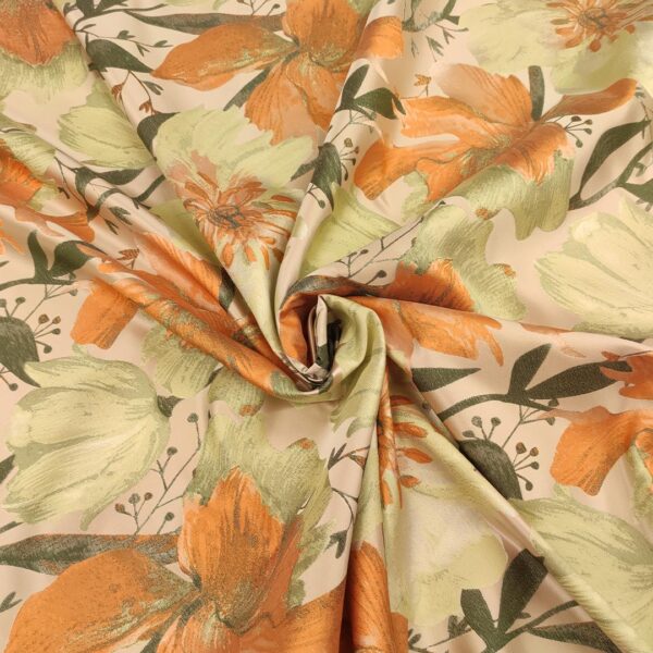 Tessuto Mikado jacquard a fantasia motivo floreale verde mela - arancione - verde