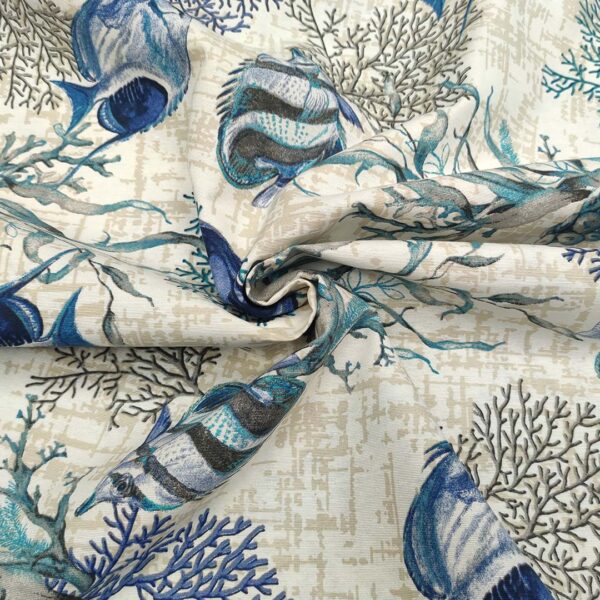 Tessuto Misto Cotone per arredo a fantasia motivo marino beige - bianco - blu