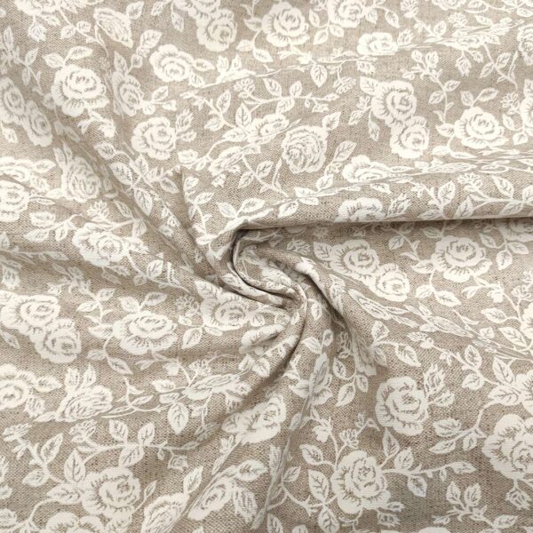 Tessuto Misto Cotone per arredo a fantasia motivo floreale tortora - bianco