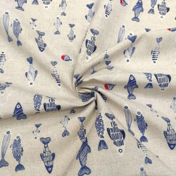 Tessuto Misto Cotone per arredo a fantasia motivo marino beige - blu - rosso