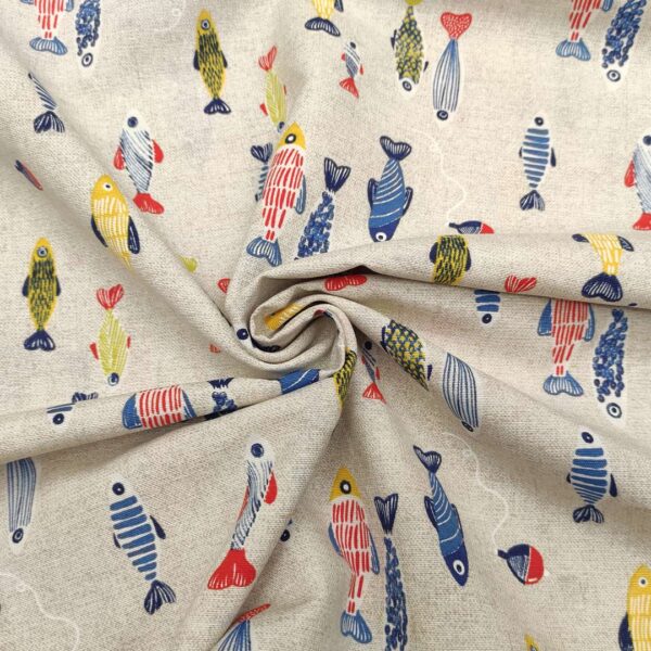 Tessuto Misto Cotone per arredo a fantasia motivo marino beige - blu - rosso - giallo