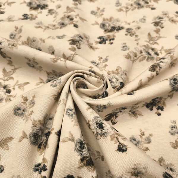 Tessuto Misto Cotone per arredo a fantasia motivo floreale beige - carta da zucchero - verde scuro