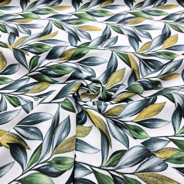 Tessuto Misto Cotone per arredo a fantasia motivo floreale bianco - blu ottanio - ocra