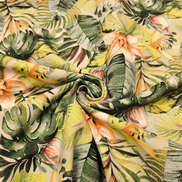 Tessuto Misto Cotone per arredo a fantasia motivo floreale verde bottiglia - verde acido - arancio