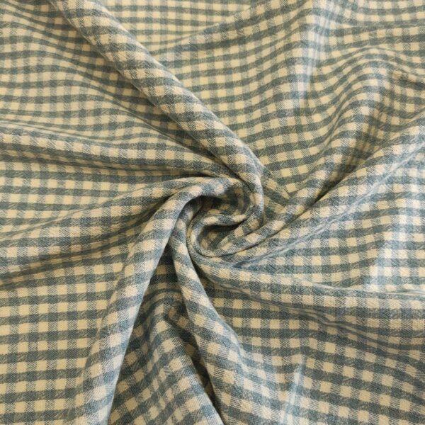 Tessuto Misto Lino a fantasia motivo quadri celeste - panna