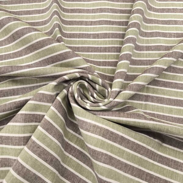 Tessuto Misto Lino a fantasia motivo rigato bianco - verde salvia - marrone
