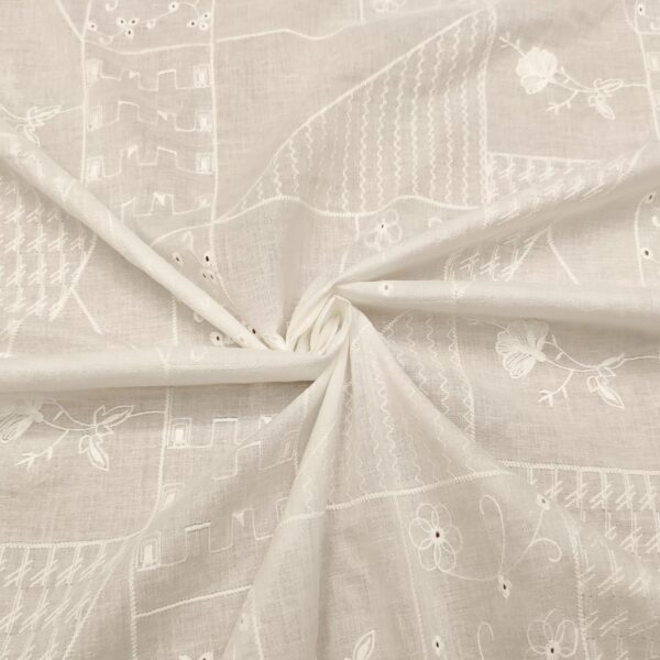 Tessuto Mussola di Cotone ricamato motivo floreale astratto bianco seta