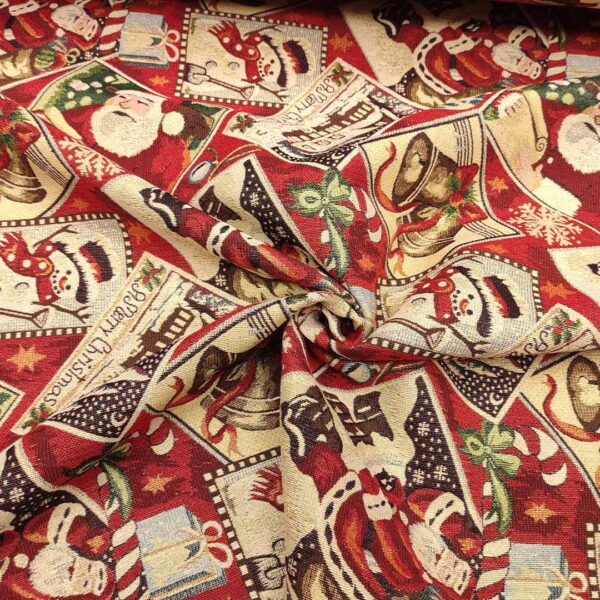Tessuto Natalizio decorativo a fantasia gobelin lurex con babbo natale rosso - beige - verde