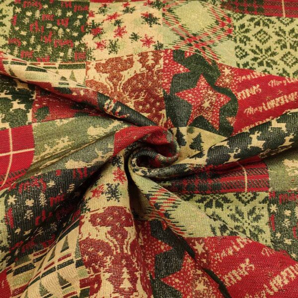 Tessuto Natalizio decorativo a fantasia gobelin lurex con quadri verde bottiglia - salvia - rosso - oro