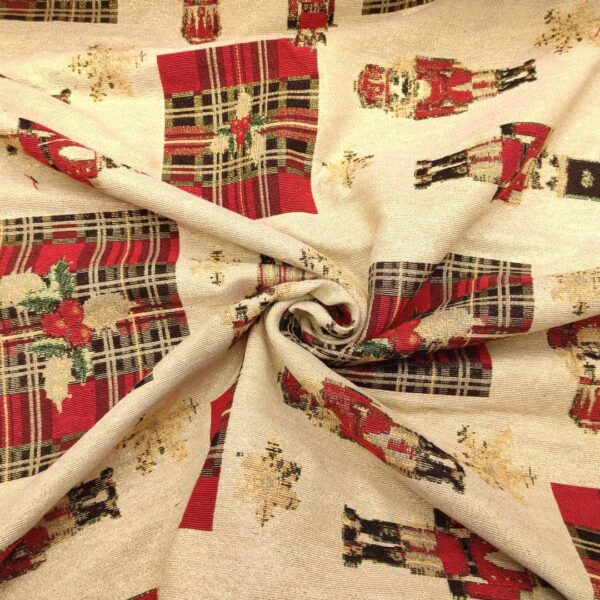 Tessuto Natalizio decorativo a fantasia gobelin lurex con schiaccianoci oro - rosso - nero