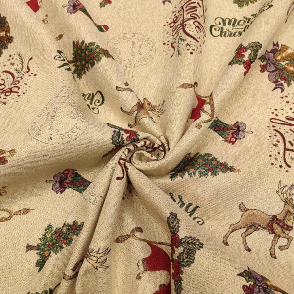 Tessuto Natalizio decorativo a fantasia gobelin lurex con slitte oro - rosso - verde