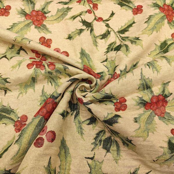Tessuto Natalizio decorativo a fantasia gobelin lurex con vischio rosso - oro - verde