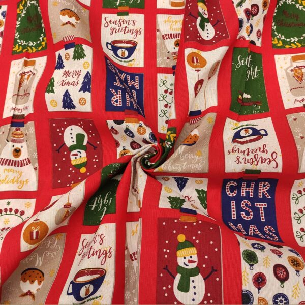 Tessuto Natalizio Decorativo a fantasia misto cotone con cartoline rosso - verde - bianco