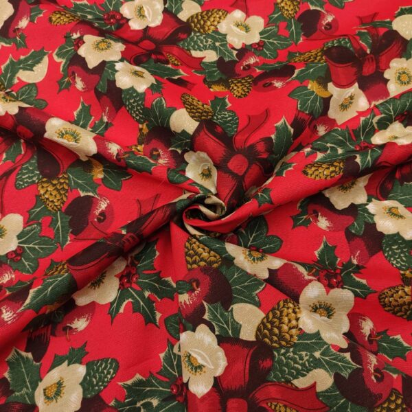 Tessuto Natalizio Decorativo a fantasia misto cotone con fiori rosso - verde