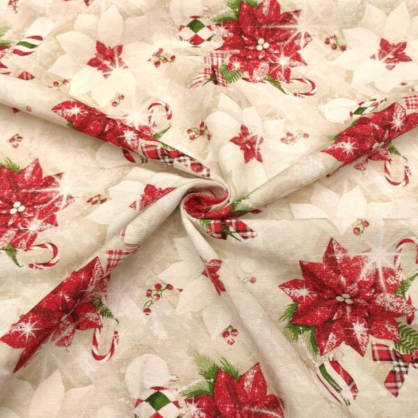 Tessuto Natalizio Decorativo a fantasia misto cotone con rosa di Natale beige - rosso - verde