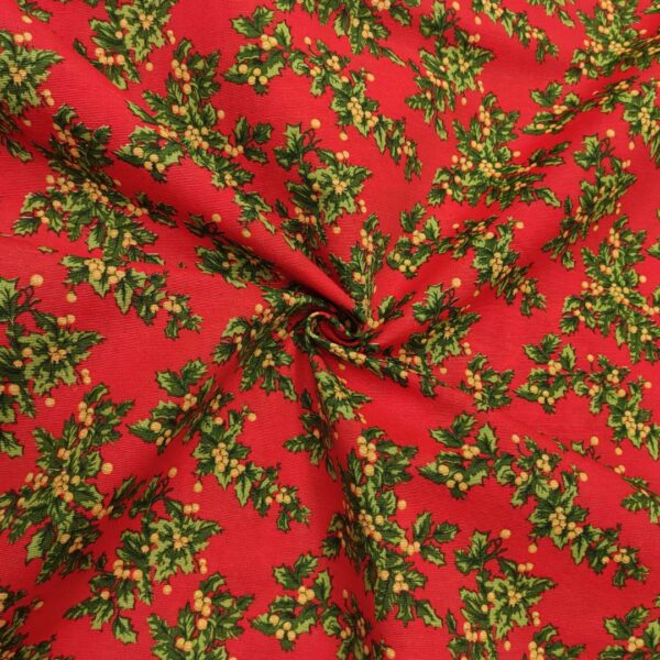 Tessuto Natalizio Decorativo a fantasia misto cotone con vischio rosso - verde