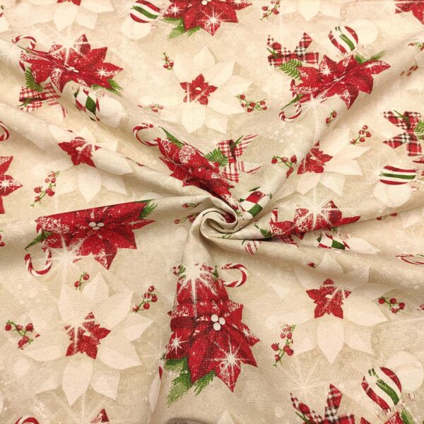 Tessuto Natalizio Decorativo a fantasia panama lurex con rosa di Natale rosso - beige