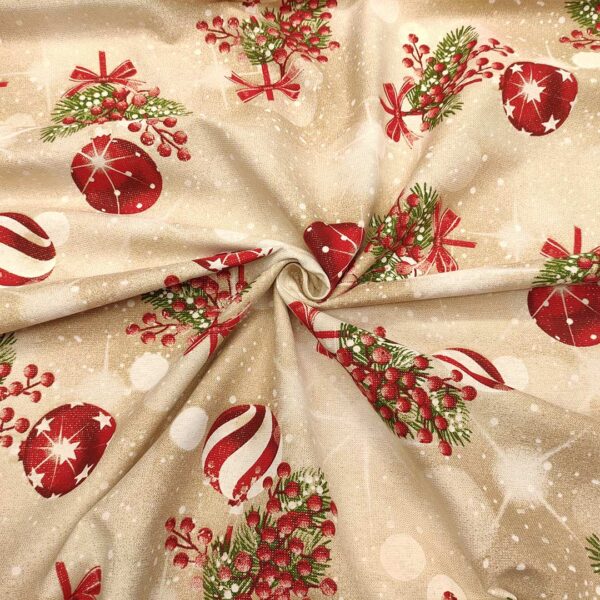 Tessuto Natalizio Decorativo a fantasia panama lurex con sfere rosso - beige - verde