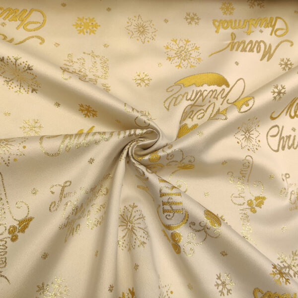 Tessuto Natalizio decorativo raso con fiocchi di neve oro - panna